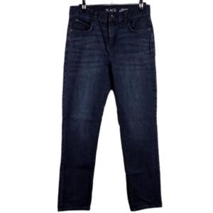 Place Blue Dark Wash Five Pocket Mid Rise Adjustable Waistband Straight Leg Jean